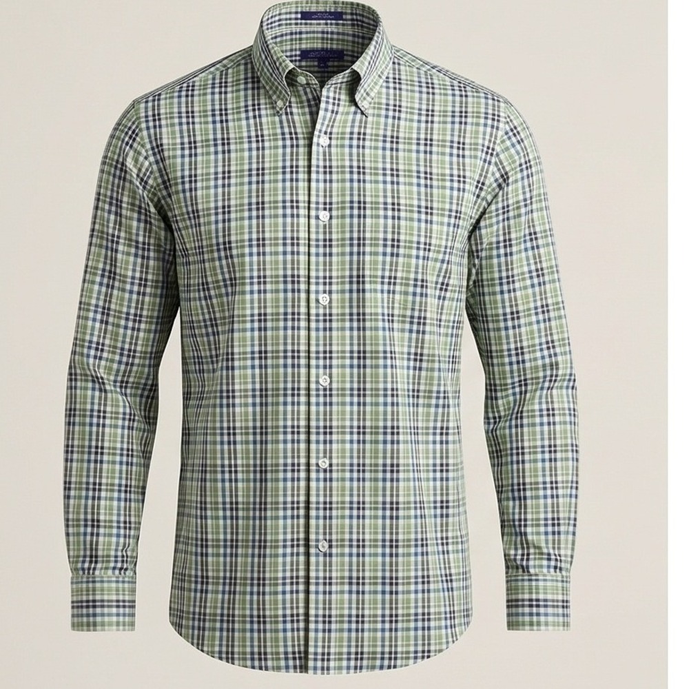 Alan Flusser Mens XL Classic Fit Buttonβ Down Shirt Green Blue Plaid Cotton NWT